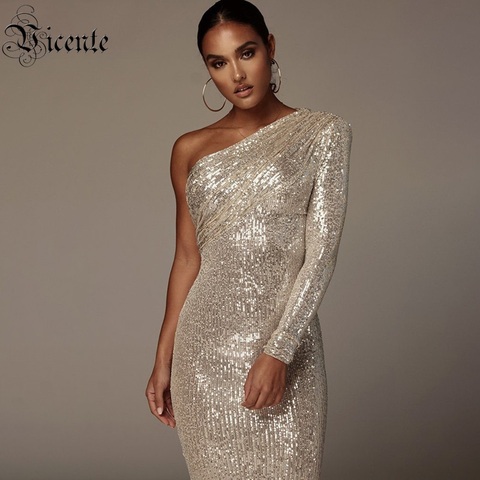 VC-vestido con un hombro al descubierto, Sexy, brillante, lentejuelas brillantes, vestido de malla y retazos, para celebraciones de Navidad, envío gratis ► Foto 1/6