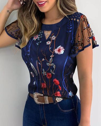 Las mujeres de moda elegante mujer Top Casual blusa Floral estampada recorte volantes manga contraste obligatorio superior S-3XL ► Foto 1/6