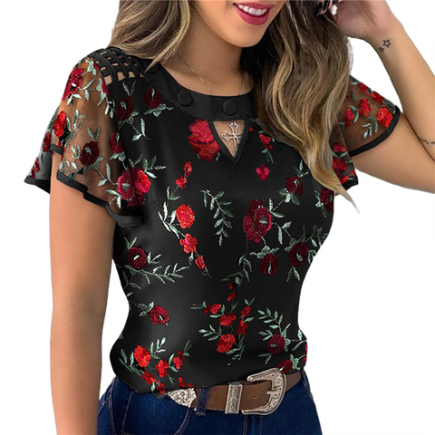 Blusa informal de gasa con manga con volantes para mujer, camisa Sexy con estampado Floral y bordado de lunares, 4 estilos ► Foto 1/6