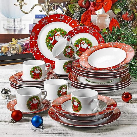 VEWEET, Serie SANTACLAUS, 30 Piezas Vajillas de Porcelana, Vajillas Navideñas para 6 Personas Decoracion Fiesta/Mesa, con Platos Llanos, Platos Postre, Platos Hondos, Tazas y Platillos ► Foto 1/6