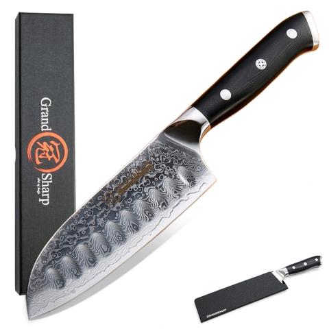 GRANDSHARP-cuchillo Santoku de 5 pulgadas VG10, acero inoxidable japonés Damasco de 67 capas, cuchillos de cocina japoneses profesionales de Damasco ► Foto 1/6