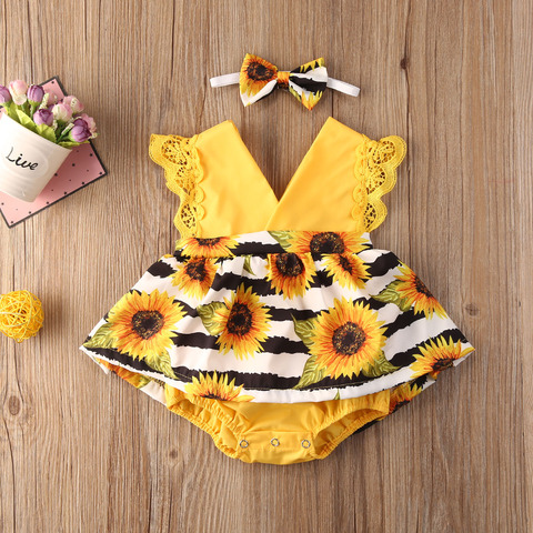 Ropa de encaje para niña recién nacida, Pelele con estampado de girasol y volantes, diadema, trajes sin mangas de verano para 0 a 24 meses, 2 uds. ► Foto 1/6