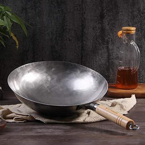 Wok-Olla menaje de hierro forjado a mano, profesional, China, tradicional, cocina, utensilios de cocina con asas de madera, sin humos, antiadherente ► Foto 1/6