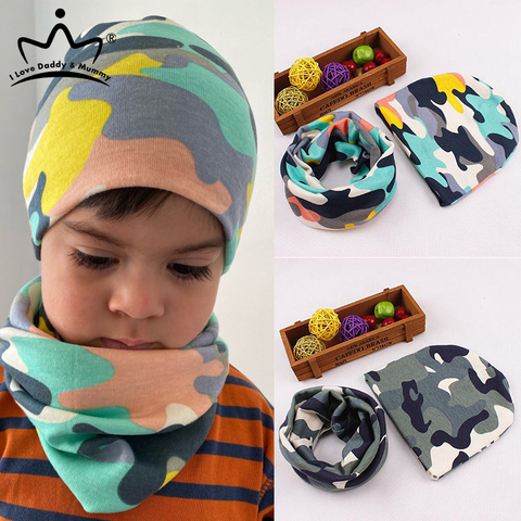 2 unids/lote niños sombrero de la bufanda juego bonito de camuflaje de algodón bebé Beanie Collar invierno primavera bebé niño niña de niños cálido sombreros bufandas ► Foto 1/6