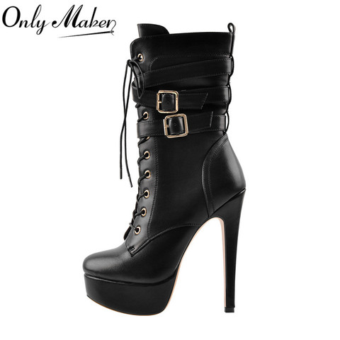 Onlymaker-Botines con plataforma para mujer, botines con cordones en color negro mate, tacón alto de 16cm, botas cortas con cremallera lateral y hebilla de aguja a la moda ► Foto 1/6