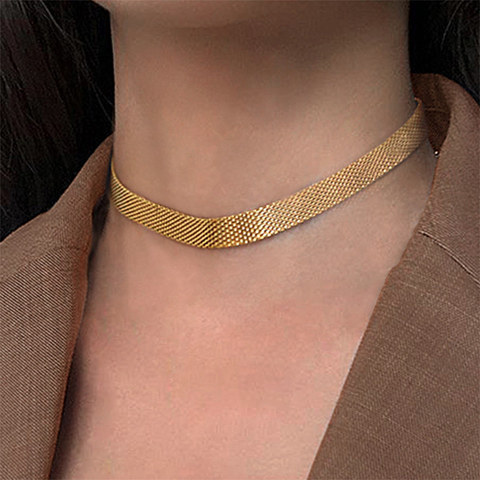 Collar de cadena ancha tejido Simple para mujer, Gargantilla texturizada para clavícula, collar Vintage, joyería minimalista ► Foto 1/6