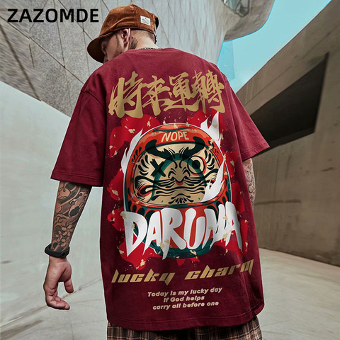 Camisetas de manga corta con estampado de la suerte estilo chino para hombre, camisetas informales de algodón de estilo Hip Hop, ropa de calle, 2022 ► Foto 1/6