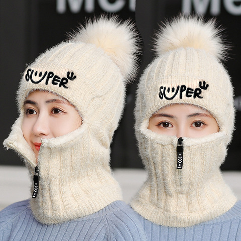 Sombreros de invierno grueso cálido sombreros de invierno de mujer con cremallera pasamontañas gorra con pompones 2 uds chica ciclismo sombrero y bufanda conjunto ► Foto 1/1