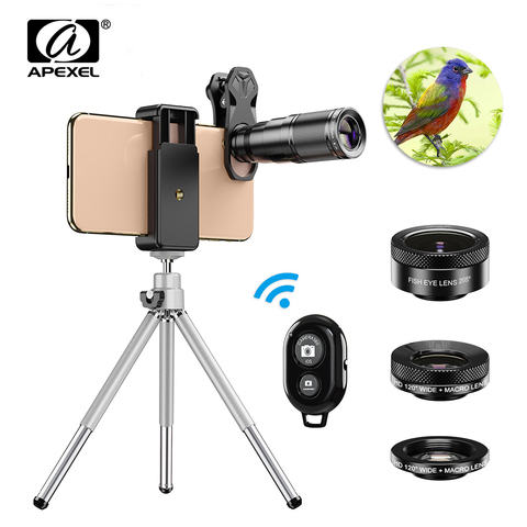 APEXEL Optic HD Kit de lentes de cámara de teléfono 4 en 1 teleobjetivo telescopio Monocular 22X lente + ojo de pez ancho Macro con trípode remoto ► Foto 1/6