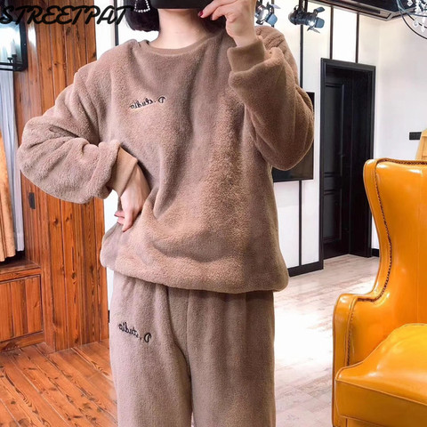 Chándal de terciopelo para Mujer, conjunto de dos piezas para mujeres, ropa de invierno de gran tamaño, Sudadera con capucha, forro polar cálido, ropa de descanso ► Foto 1/6