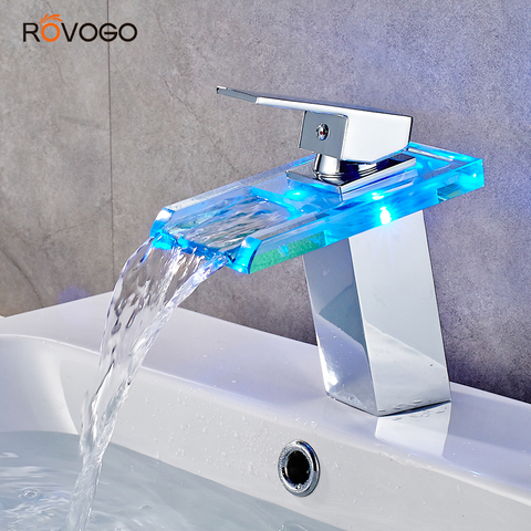 ROVOGO-grifo LED para baño, mezclador en frío y caliente, Grifo de lavabo de latón de cascada, mezclador de montaje para cubiertas de lavabo, grúa ► Foto 1/6