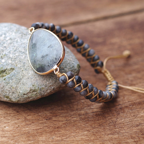 Pulsera de la amistad con piedra Natural de labradorita para hombre y mujer, brazalete envolvente con dije de Yoga trenzado, hecho a mano ► Foto 1/6