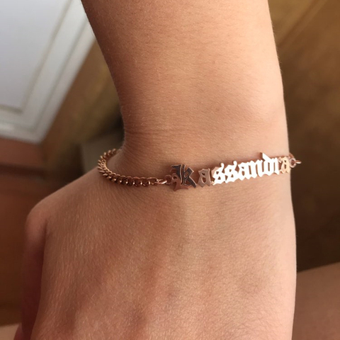 Pulsera de acero inoxidable con placa de identificación para hombre y mujer, brazalete con nombre personalizado, hecho a mano, cadena cubana ► Foto 1/6