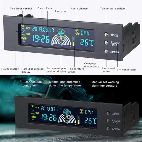 Pantalla de Panel de LCD frontal de bahía de 5,25 pulgadas, controlador de velocidad de 3 ventiladores, Sensor de temperatura de CPU, sondas de 5 a 90 grados celsius ► Foto 1/6