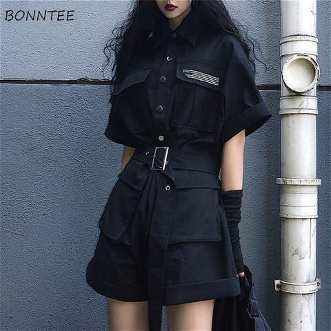 Monos con cinturón estilo Harajuku para mujer, ropa negra de estilo Hip Hop con letras coreanas y bolsillos, moda de verano ► Foto 1/6