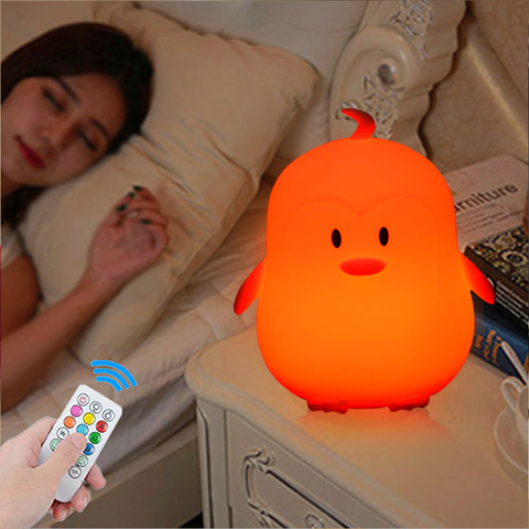 Pingüino-Luz LED nocturna con Sensor táctil para niños, lámpara de silicona recargable por USB con Control remoto RGB, temporizador regulable, regalo para bebés ► Foto 1/6