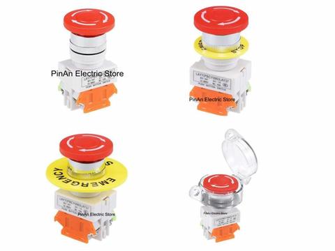 Interruptor de botón de emergencia de bloqueo de seta, 22mm, rojo con cubierta impermeable 1NO 1NC ► Foto 1/5