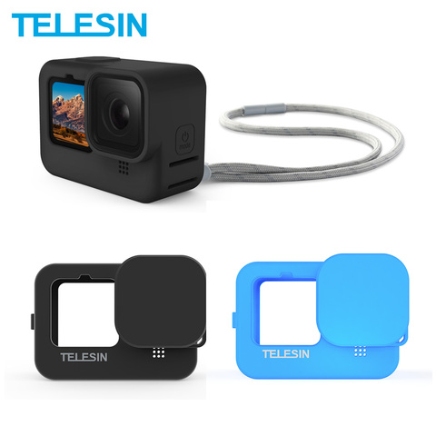 TELESIN-funda de silicona blanda para GoPro 9, tapa de lente azul y negro, correa de muñeca con mango ajustable para GoPro Hero 9, Accesorios Negros ► Foto 1/6