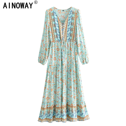 Chic Vintage mujeres flare manga púrpura Floral impresión playa Bohemia Maxi damas vestido de rayón verano Boho vestido ► Foto 1/6