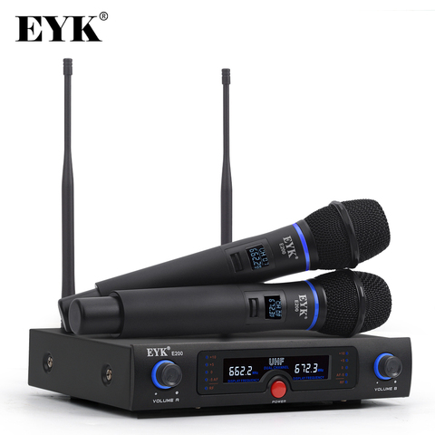 EYK E200 UHF de largo alcance SISTEMA DE MICRÓFONO INALÁMBRICO de doble canal micrófono de mano de Metal completo con nuevo diseño de LUZ PARA Karaoke KTV ► Foto 1/6