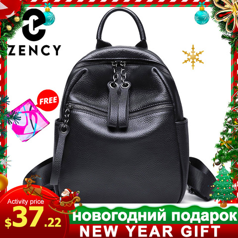 Zency-mochila informal de cuero genuino para mujer, morral escolar de estilo Preppy para chicas, bolsa de viaje clásica de color negro para invierno, 100% ► Foto 1/6