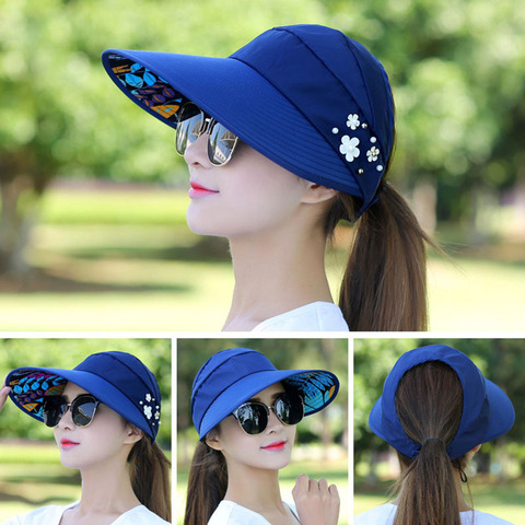 Sombreros de verano para mujer, sombrero para el sol plegable con visera de flores y perlas, gorra flexible para mujer, gorra de béisbol informal para exteriores ► Foto 1/6