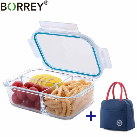 Fiambrera BORREY, fiambrera de vidrio para microondas, rectangular, con bolsa térmica, compartimento para alimentos, contenedor de almacenamiento, caja Bento para alimentos ► Foto 1/6