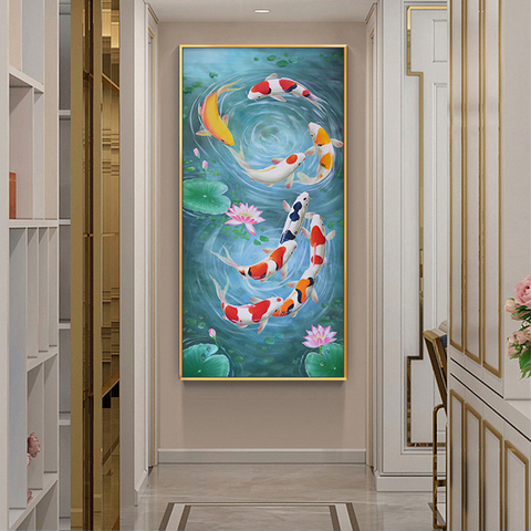 Koi Fish Feng Shui-imágenes de estanque de loto de carpa, pintura al óleo sobre lienzo, carteles e impresiones de Cuadros, imágenes artísticas de pared para sala de estar ► Foto 1/5