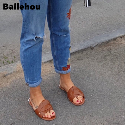 Bailehou-sandalias cruzadas de punta abierta para mujeres, chanclas planas, playa, aire libre, informales ► Foto 1/6