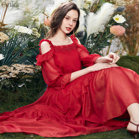 ARTKA-vestido rojo de gasa con volantes y hombros descubiertos, novedad de verano, 2022 ► Foto 1/1