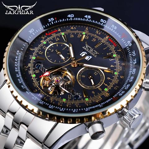 Jaragar 2017-reloj mecánico automático para hombre, diseño de esfera dorada con bisel dorado, de acero inoxidable, masculino ► Foto 1/6