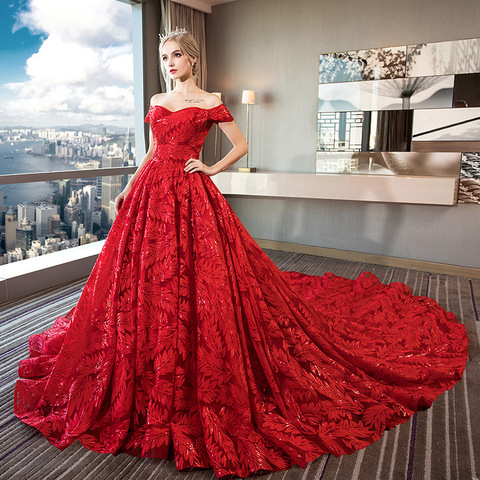 Vestidos de encaje de lujo con hombros descubiertos para mujer, vestidos de boda con cola larga, novia elegante, boda, rojo, de talla grande, 2022 ► Foto 1/6