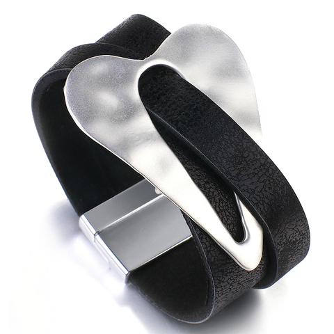 ALLYES-pulsera de cuero negro con hebilla magnética para mujer, brazalete, colgante de corazón, envoltura ancha, joyería 2022 ► Foto 1/6