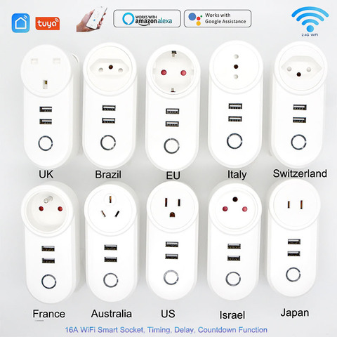 16A Tuya Wifi USB enchufe inteligente de la UE Reino Unido nos Israel BR es FR inalámbrico mando a distancia Control cargador temporizador zócalo Alexa de Google ► Foto 1/6