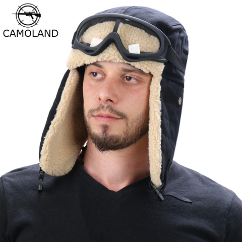 Sombreros de orejera estilo Bomber con gafas para hombre y mujer, gorros térmicos de lana sintética con visera de piloto, unisex ► Foto 1/6