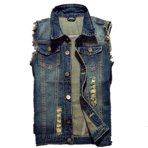 2022 rasgado Jean chaqueta de los hombres chaleco Hip Hop Jean abrigos chaleco hombres vaquero marca chaqueta sin mangas Hombre tanque plus tamaño 6XL ► Foto 1/6