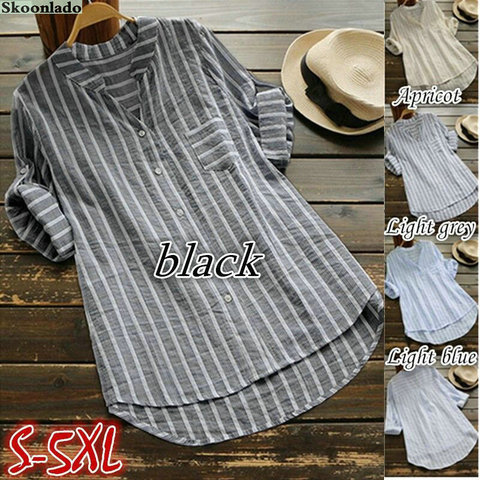 Blusa de lino y algodón de talla grande para S-5XL, blusa de trabajo a rayas, clásica, original ► Foto 1/5