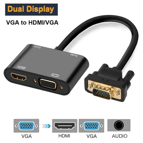 Adaptador VGA a HDMI, 1 en 2, con cables de Audio de 3,5mm, compatible con VGA a HD-MI, VGA, proyector para PC, pantalla multipuerto ► Foto 1/6