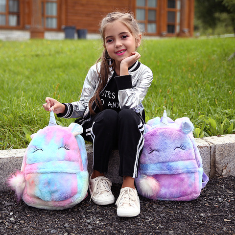 Mochilas de escuela para niñas, morral de felpa con bonito dibujo de unicornio para guardería ► Foto 1/6