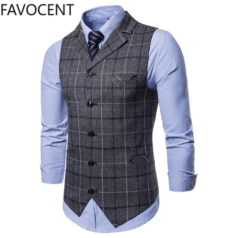 Nuevo chaleco para hombre Casual de negocios traje chalecos de hombre Chaleco de entramado Chaleco de moda para hombre sin mangas chaleco elegante Casual superior gris azul ► Foto 1/6