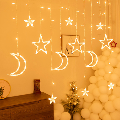 Guirnalda de guirnaldas de luces LED de Luna y estrellas para decoración del hogar, lámpara de cortina de Año Nuevo para Navidad, Eid Mubarak, fiesta, dormitorio, Ramadán y Kareem ► Foto 1/6