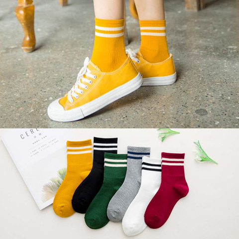 Divertido lindo japonés alta escuela de algodón de las niñas a rayas calcetines de las mujeres medias Harajuku diseñador amarillo Retro blanco ► Foto 1/6