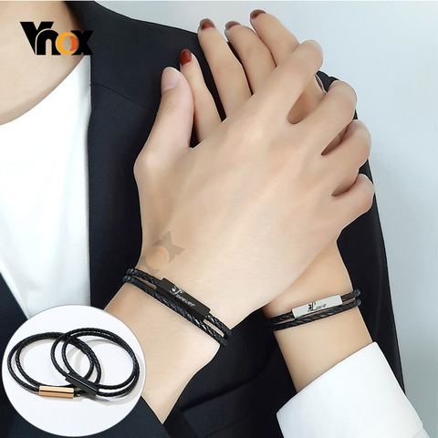 Vnox-pulsera de cadena de cuero genuino para hombre y mujer, brazalete personalizable, con broche de abalorio ► Foto 1/6