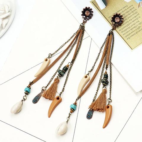 Pendientes colgantes de concha Bohemia para mujer, aretes Vintage de borla con flequillos largos Boho, aretes colgantes de Marruecos y turco, joyería ► Foto 1/6