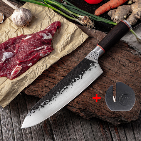 Cuchillo de Chef de acero de alto carbono, rebanador de acero forjado, cuchillos de cocina, cuchillo de carnicero, cuchillo de verduras con afilador de cuchillos ► Foto 1/6