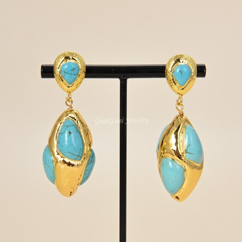 Pendientes chapados en oro amarillo piedra azul 17x33 MM ► Foto 1/3