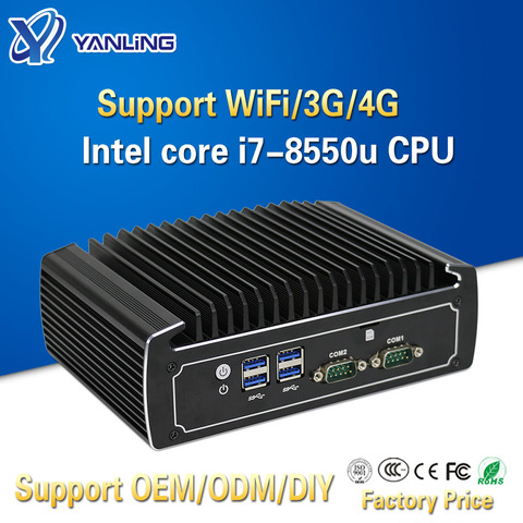 Yanling-Mini PC Win 10 Intel i7-8550u, quad core, lan dual, 4K, HTPC, sin ventilador, para juegos, ordenador portátil de escritorio con 2 COM opcional ► Foto 1/6