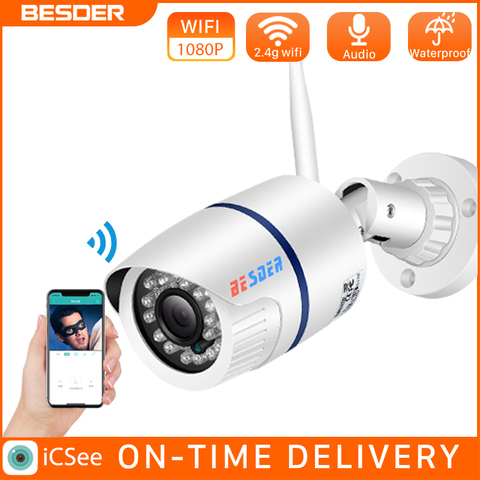 BESDER iCsee ONVIF P2P Wifi Cámara Audio IP Cámara 1080P 720P inalámbrico con cable alarma CCTV bala al aire libre con ranura para tarjeta SD Max 64G ► Foto 1/6