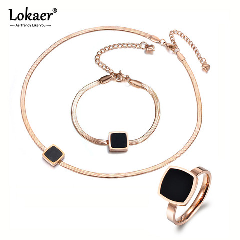 Lokaer-Conjunto de anillos cuadrados y acrílicos para mujer, joyería de oficina, Color oro rosa, acero y titanio, negro, a la moda, SE019 ► Foto 1/6