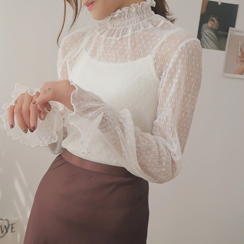 Blusa holgada coreana transparente con encaje para mujer, Camisa larga femenina en 3 colores, de talla grande, 2022 ► Foto 1/6